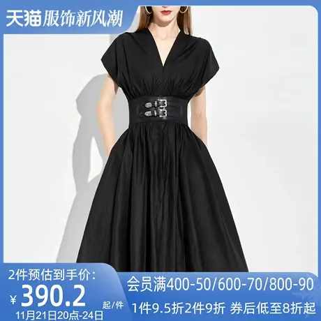 AUI黑色赫本风收腰显瘦连衣裙女2024夏新款气质v领束腰修身小黑裙图片