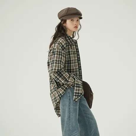 omont蛋挞家 复古格纹衬衫女秋冬2023新款别致宽松休闲长袖衬衣图片