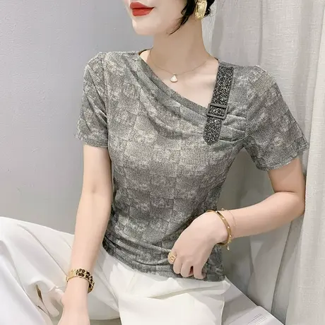 性感斜领露锁骨短袖T恤女洋气印花网纱小衫修身上衣设计感小众夏商品大图