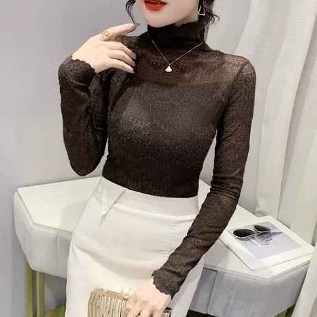 性感蕾丝衫女长袖欧货加绒保暖半高领打底衫春秋内搭镂空气质上衣图片