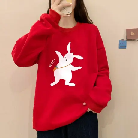 红色圆领卫衣女oversize2024秋冬新款宽松加绒加厚兔年本命年衣服商品大图