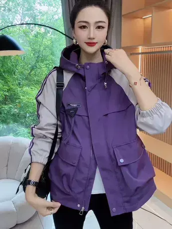 2023秋季新款拼接撞色连帽大口袋短外套女宽松百搭休闲冲锋衣上衣商品大图