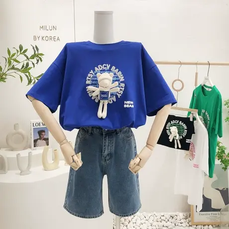 2022春夏新款韩范休闲立体小熊字母短袖上衣宽松时髦欧货T恤大码图片