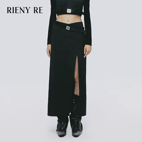 RIENYRE半身裙女2023秋冬新款简约百搭直筒黑色开叉高腰修身半裙图片