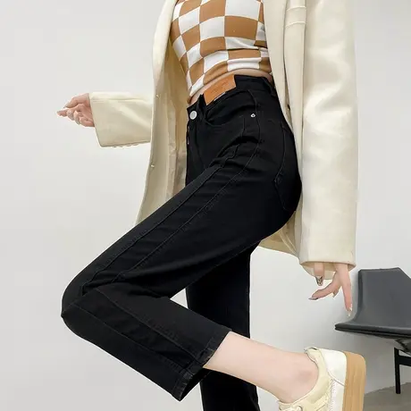 黑色直筒牛仔裤女春秋季2023年新款小个子九分高腰显瘦法棍烟管裤商品大图