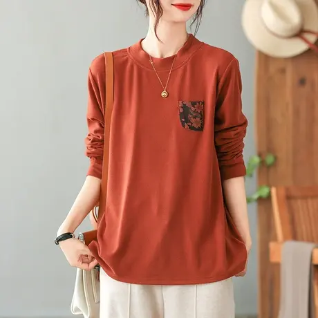 dza 复古短款宽松长袖T恤女秋冬内搭圆领打底衫休闲口袋纯棉上衣商品大图