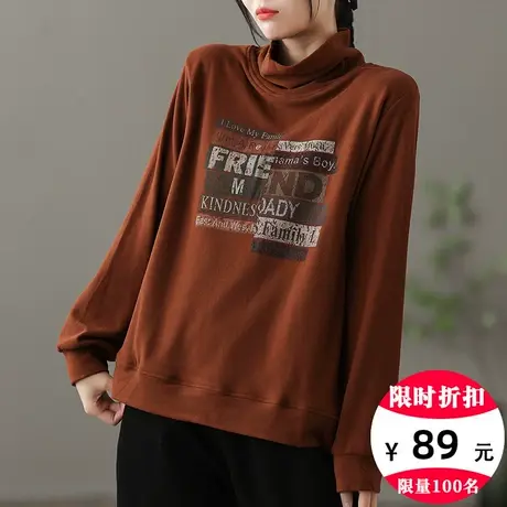 dza 复古短款高领加绒卫衣女2023冬新款内搭打底上衣宽松套头长袖图片