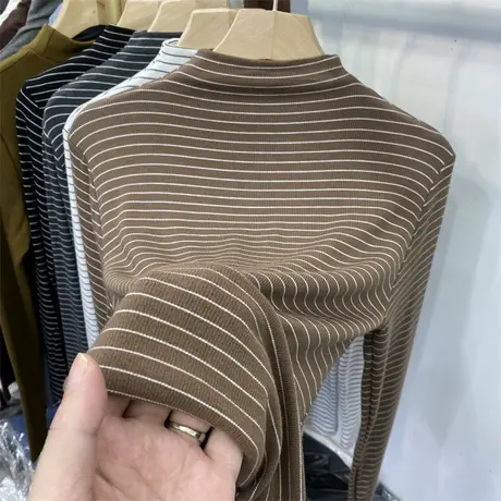 欧货半高领条纹加薄绒长袖T恤女2022秋冬新款内搭打底衫上衣ins潮商品大图