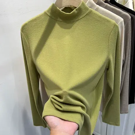 欧货百搭软糯磨毛半高圆领长袖T恤女2023秋冬新款内搭打底衫上衣商品大图