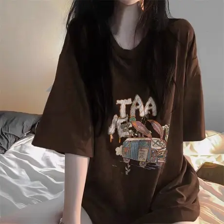 棕色复古chic短袖T恤大码女装纯棉oversize休闲风ins潮半袖上衣夏商品大图