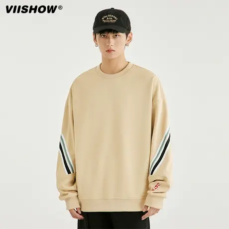 VIISHOW秋冬季复古撞色圆领卫衣男女潮牌日系宽松男百搭套头上衣商品大图