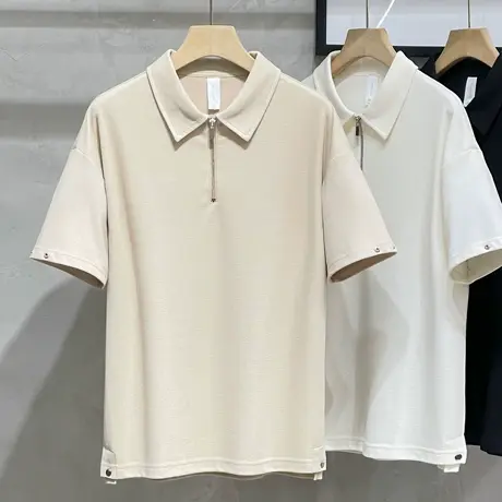 日系极简风潮流宽松短袖polo衫男夏季设计感半拉链套头翻领t恤男图片