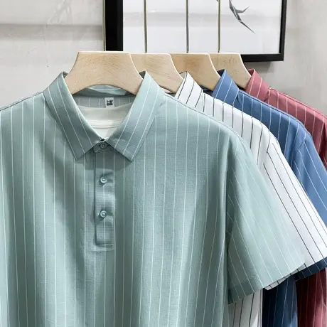 短袖衬衫男商务休闲夏季薄款男士上衣修身寸衣冰丝条纹衬衣POLO衫商品大图