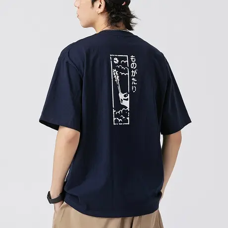 男士日系藏青色t恤男夏季潮牌纯棉短袖男款2023新款印花体恤男装商品大图