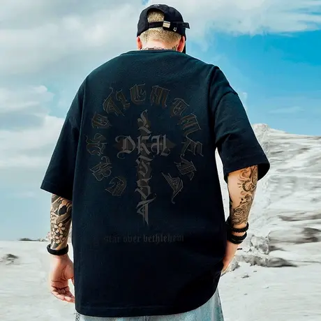 oversize重磅潮牌胖子男装加肥加大码国潮嘻哈宽松短袖T恤半袖潮图片