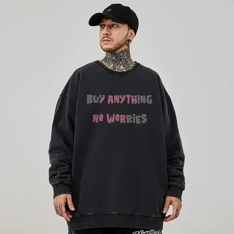 重磅美式复古嘻哈大码卫衣男生圆领纯棉水洗做旧高街加绒春秋冬款商品大图