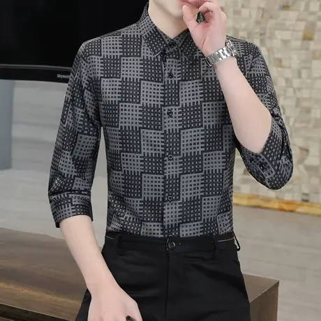 格子长袖衬衫男士商务正装中袖上衣夏季新款潮牌高级感帅气衬衣男图片