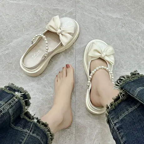 厚底玛丽珍包头拖鞋女2023新款春季珍珠法式蝴蝶结凉鞋粗跟小皮鞋图片