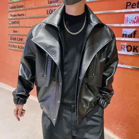 2023秋冬新款个性双层领重工皮衣轻熟风纯色拉链机车皮夹克潮外套图片