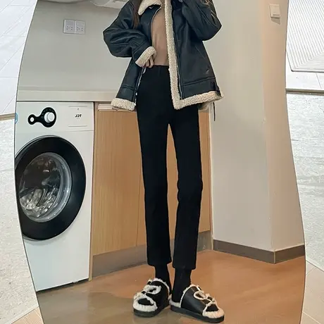 黑色直筒牛仔裤女2024冬季新款高腰显瘦小个子加绒百搭九分烟管裤图片