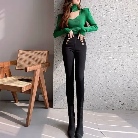 粉红大布娃娃2022春新款薄款金扣小黑裤高腰显瘦长裤百搭铅笔裤女图片