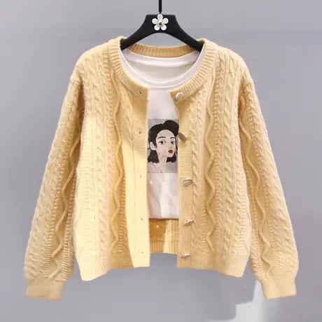 温柔风黄色麻花毛衣外套女冬季2023新款日系宽松外穿软糯针织开衫商品大图