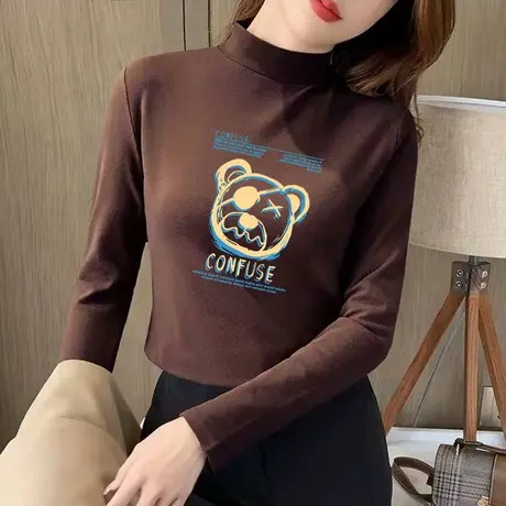 半高领德绒磨毛长袖t恤女ins时尚百搭上衣加厚款内搭打底衫秋冬季商品大图