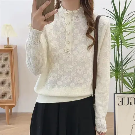 蕾丝气质提花打底衫女2023秋冬新款时髦半高领洋气今年流行上衣商品大图