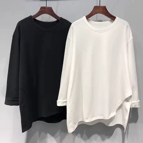 不规则下摆长袖T恤女冬季德绒保暖打底衫宽松内搭外穿纯色上衣服商品大图