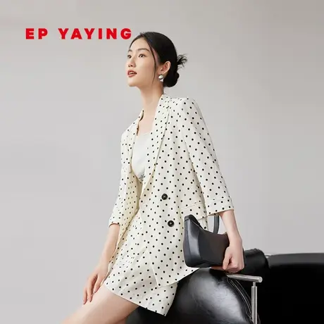 EP雅莹女装 七分袖黑白波点双排扣桑蚕丝西装外套 2023新款1148A商品大图