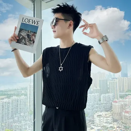 夏季男士背心坎肩t恤宽松无袖潮牌个性潮流篮球纯色运动体恤商品大图