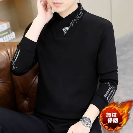 冬装半高领加绒保暖打底衫男款t恤潮牌个性帅气欧版烫钻加厚卫衣图片