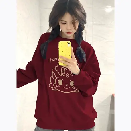 酒红色卫衣女2024秋冬季加绒加厚宽松套头小个子本命年龙年上衣服商品大图