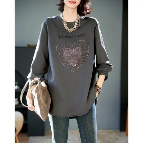宝诗黎圆领亮片刺绣字母卫衣2024春季新款宽松百搭中长休闲上衣女图片