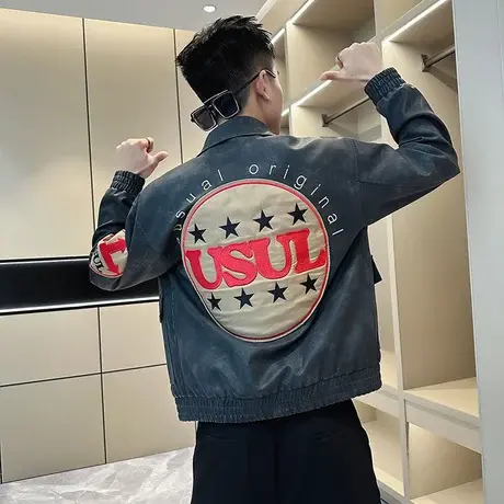 重磅美式高街刺绣贴标皮衣外套男春秋款潮牌街头短款机车夹克上衣商品大图