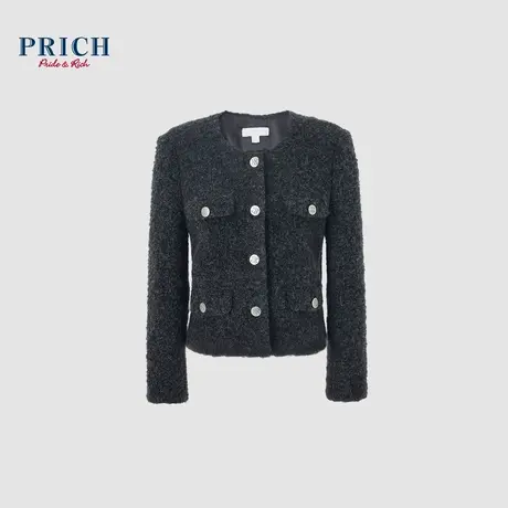 【绵羊毛+马海毛】PRICH春款立体箱型通勤保暖圆领西装外套女商品大图