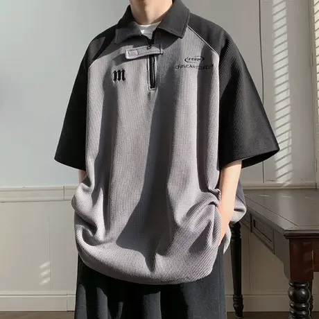 半拉链polo衫男短袖夏季宽松字母刺绣贴标翻领上衣ins潮流美式t恤图片