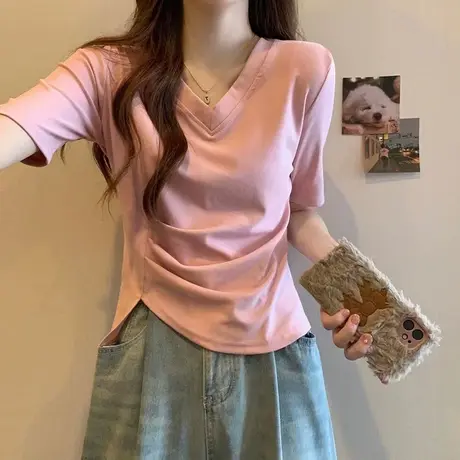 辣妹短款褶皱半袖T恤女早春夏装修身韩版百搭不规则V领短袖上衣潮商品大图
