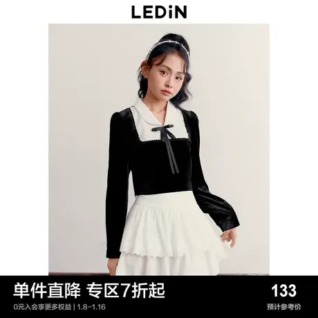 乐町拼接丝绒上衣秋冬新款可拆蝴蝶结千金风短款内搭上衣图片
