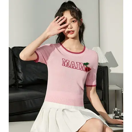 唐狮圆领短袖T恤女别致撞色2023春夏新款粉色针织小衫甜美少女感x商品大图