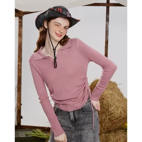 a022024春季新款纯色修身抽绳设计长袖上衣休闲个性女式针织衫图片