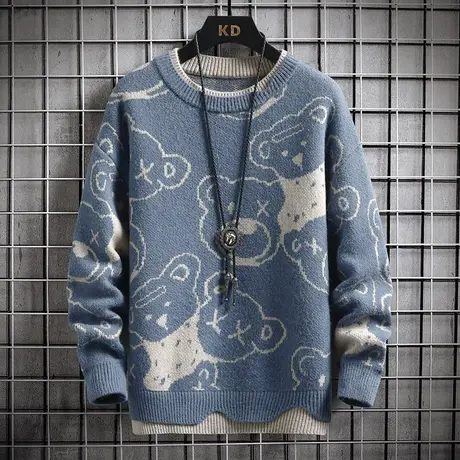 秋季厚款毛衣男士潮牌宽松圆领针织衫韩版休闲假两件百搭学生外套商品大图