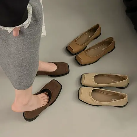 法式平底单鞋女2024新款春季百搭气质小香风一脚蹬方头豆豆奶奶鞋商品大图