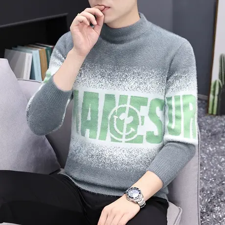 半高领毛衣男潮流渐变打底线衣秋冬季百搭宽松学生套头拼色针织衫商品大图