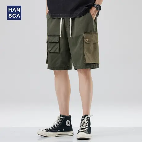 hansca休闲短裤男美式复古夏季潮牌工装大口袋宽松直筒纯棉五分裤商品大图
