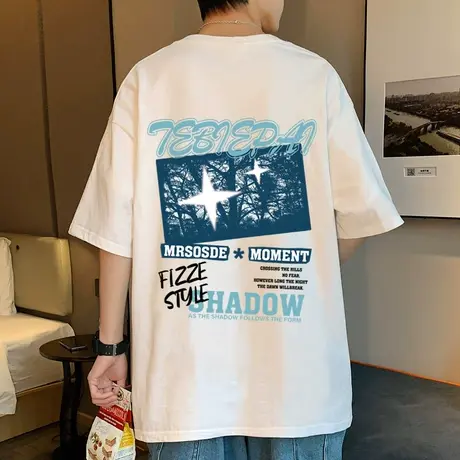 夏季短袖t恤男2024新款纯棉重磅宽松美式男生体恤ins潮牌半袖上衣商品大图