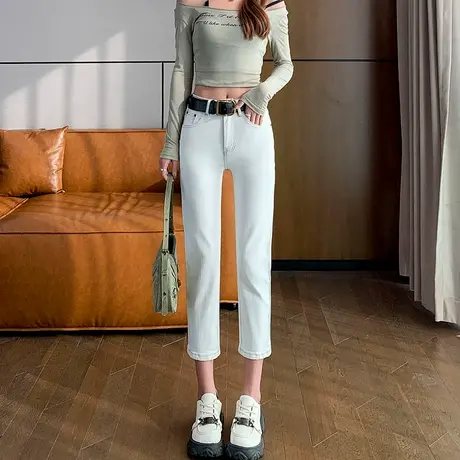 白色高腰直筒牛仔裤女2024春秋新款八分修身显瘦小个子大码烟管裤商品大图