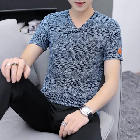 男装短袖T恤夏季2023新款韩版潮流男士V领半袖冰丝潮牌修身上衣服商品大图