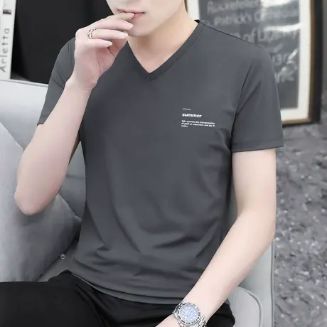 莫代尔棉t恤男士短袖V领上衣服潮流夏季冰丝速干凉感半袖印花体恤商品大图