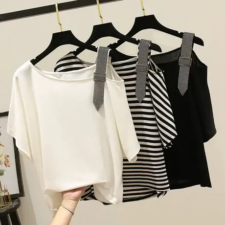 一字漏肩不规则条纹短袖t恤女2023年夏季带烫钻设计感小众上衣潮图片